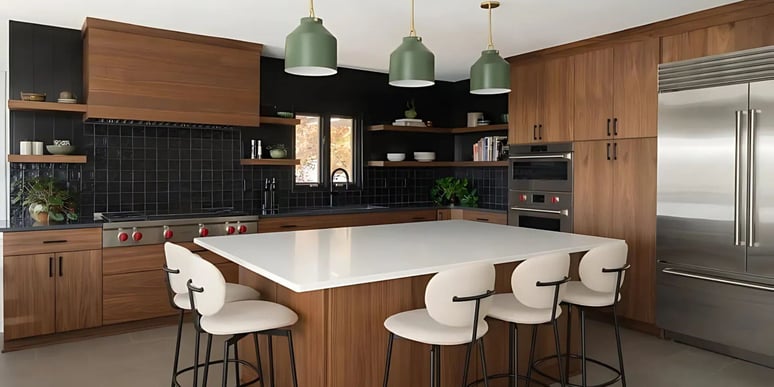 Remodeled kitchen is Des Moines with wooden cabinets, black square backsplash, and white countertops and a kitchen island with seating